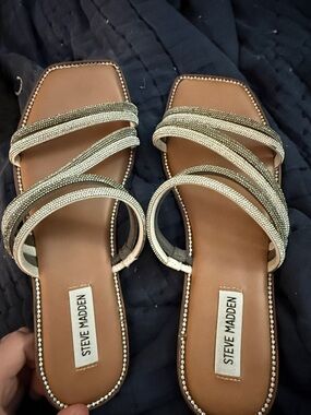 Steve Madden Metallic Taupe Strappy Slide Sandals